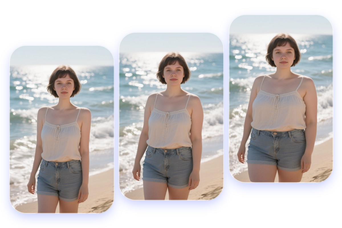 Make a girl in the photo look fat to different degrees using customizable prompts