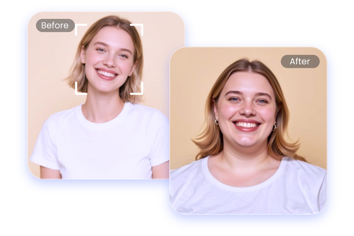 Make the face of a short haired girl in the photo look fat