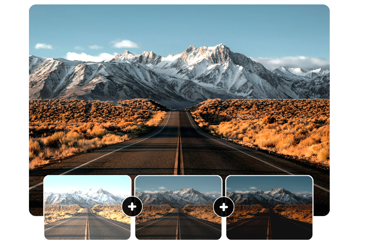 Merge three landscapes of mountains with various brightness and contrast in fotor hdr photo editor
