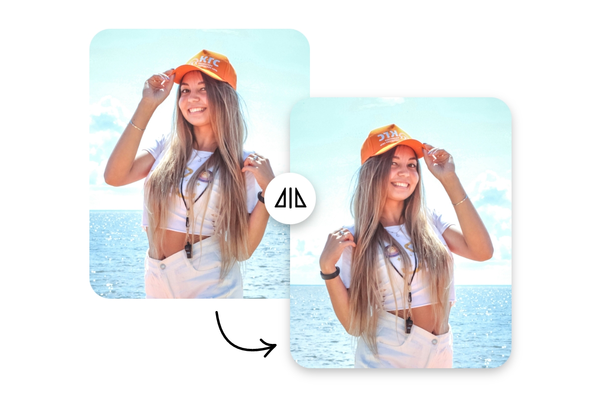 Mirror a picture of a young lady wearing an orange hat and make a side by side image