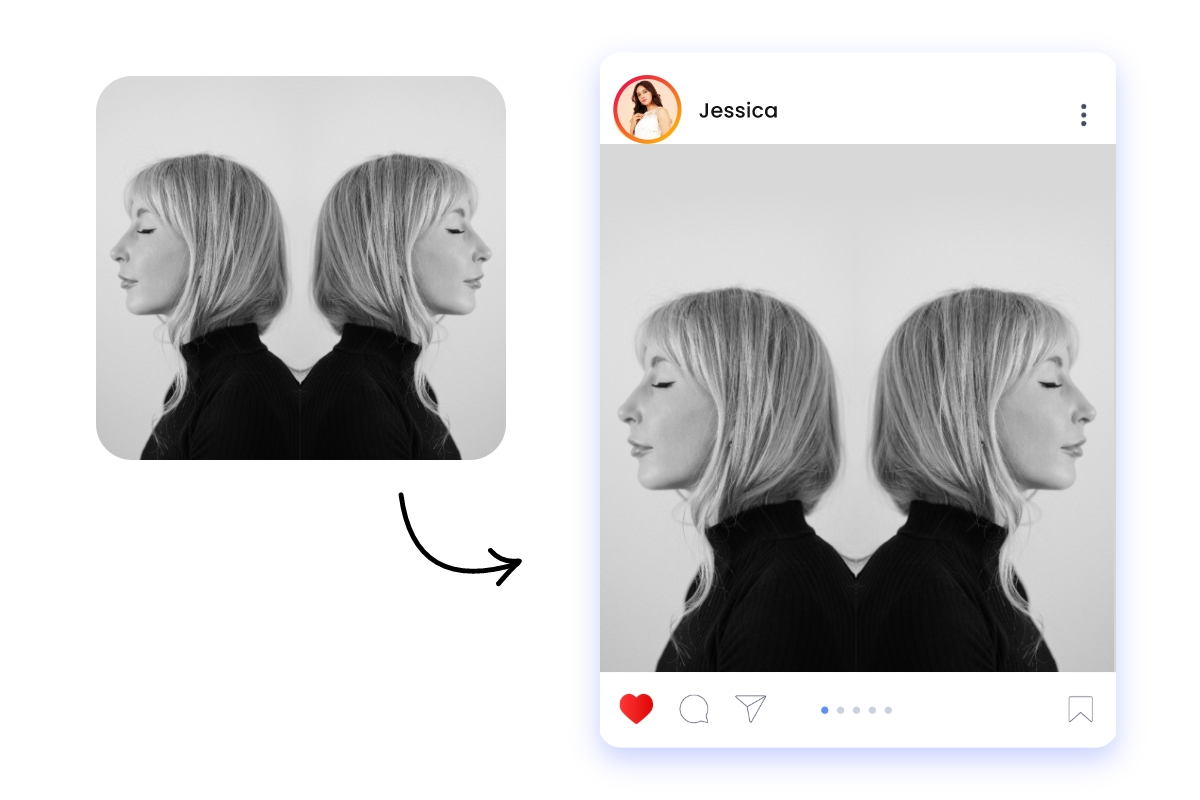 ポートレート写真をミラー加工して左右対称の画像を作成し、インスタグラムに投稿