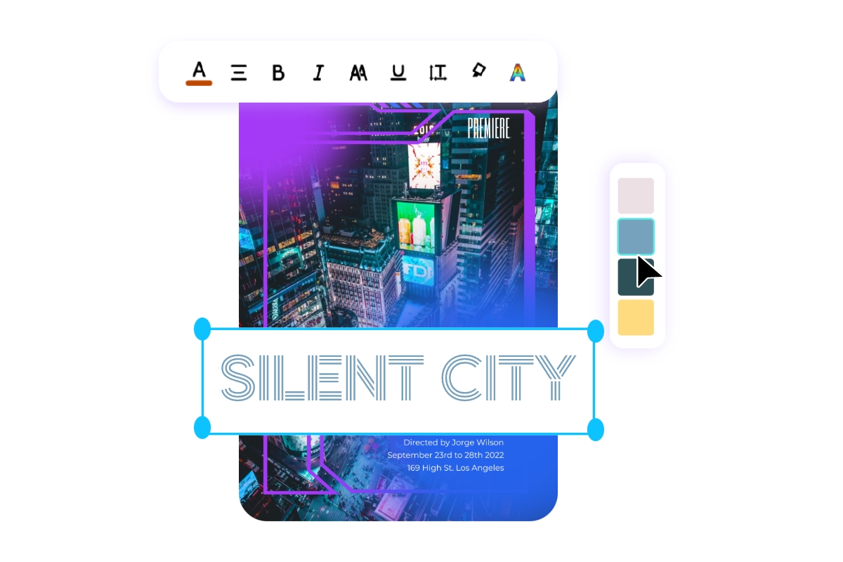 Movie poster maker featuring a template showing a cyberpunk city with the title silent city