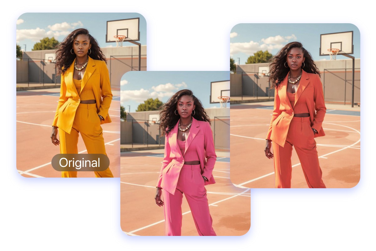 Outfit generator designs three different colored suits for a woman on a basketball court