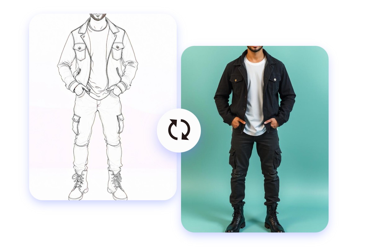 Outfit sketch generator converts a man in black suit between photo and sketch