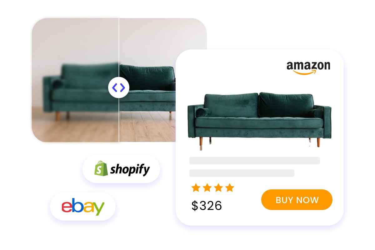 Foto-Enhancer-Nutzungsszene mit einem Sofa, das auf mehreren Plattformen gelistet ist