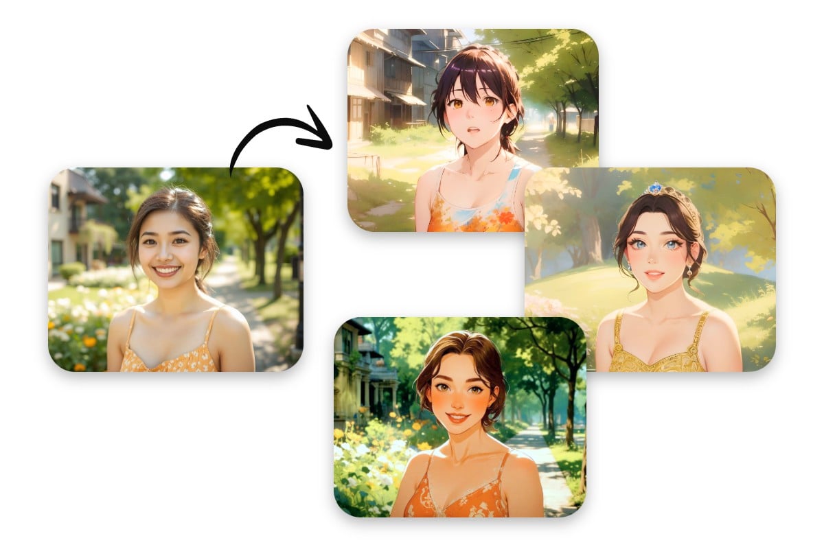 FotorのAIアニメ化機能で女性も写真に3つの異なるアニメフィルターを適用する