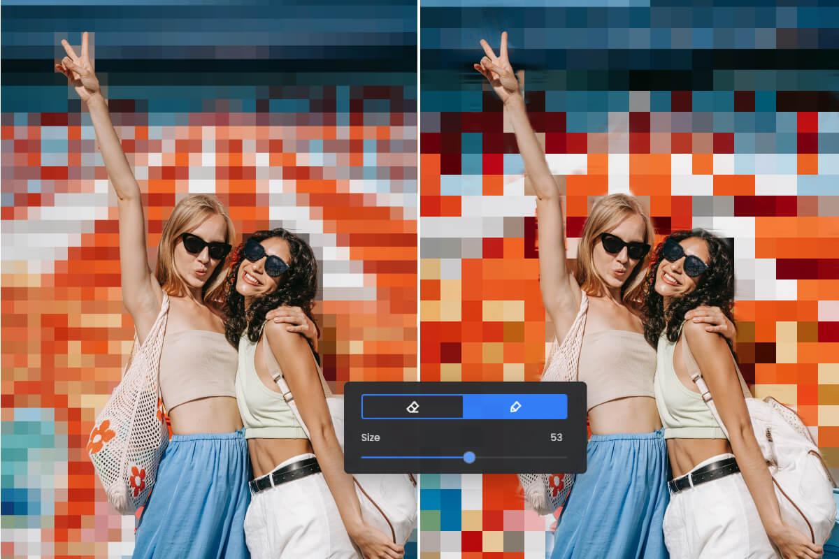 Pixelate a woman photo using different pixel size