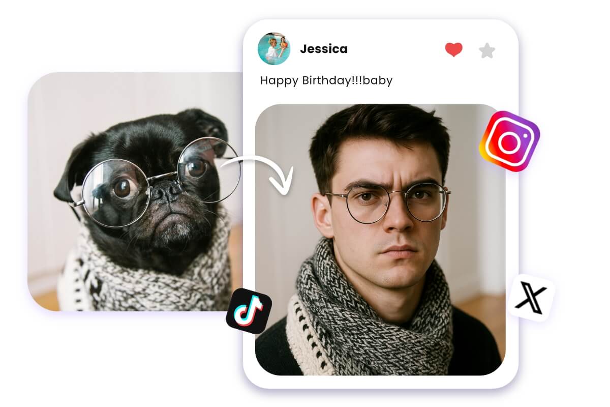 Post your funny dog to human transformation to social media