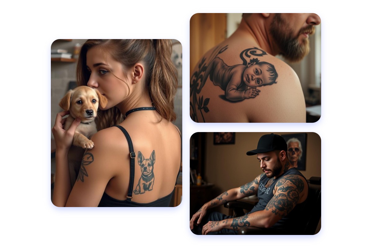 tatouage de chiot et tatouage de manche sur différentes personnes
