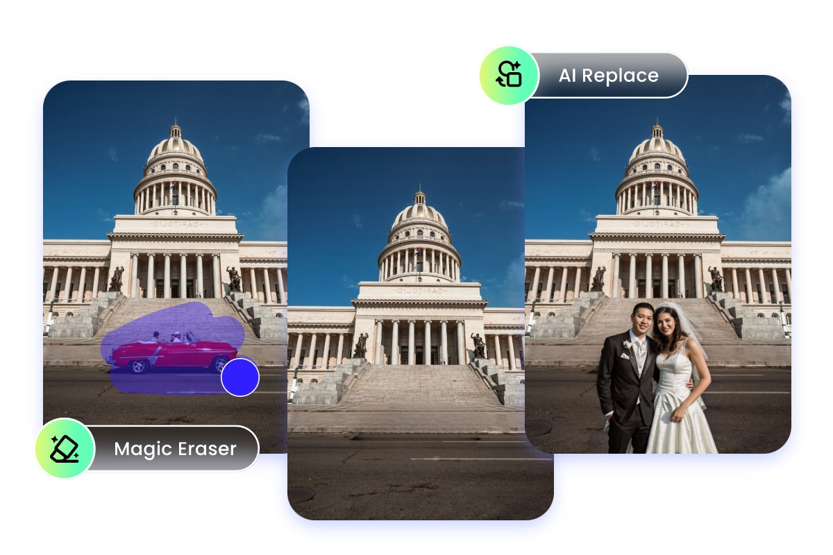 Remove a car from an image and replace it with a couple with AI magic eraser and replacer in Fotor