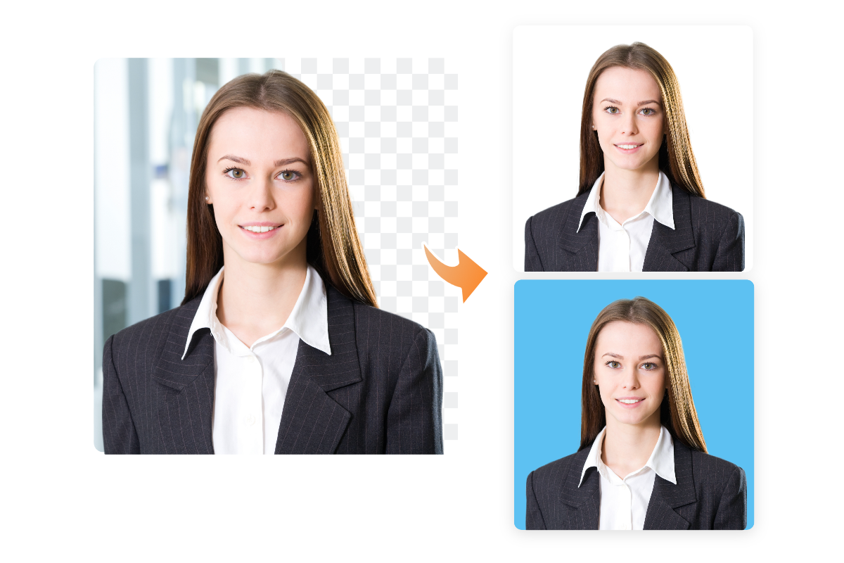 女性の肖像画の背景を削除し、背景の色をしばらく青に変更する。