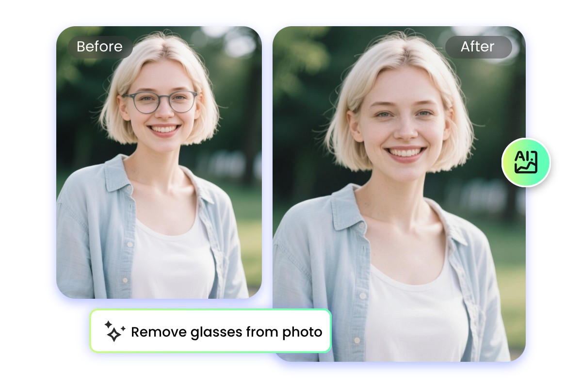 Die Brille einer Frau mit kurzen Haaren im Bild mithilfe der KI entfernen