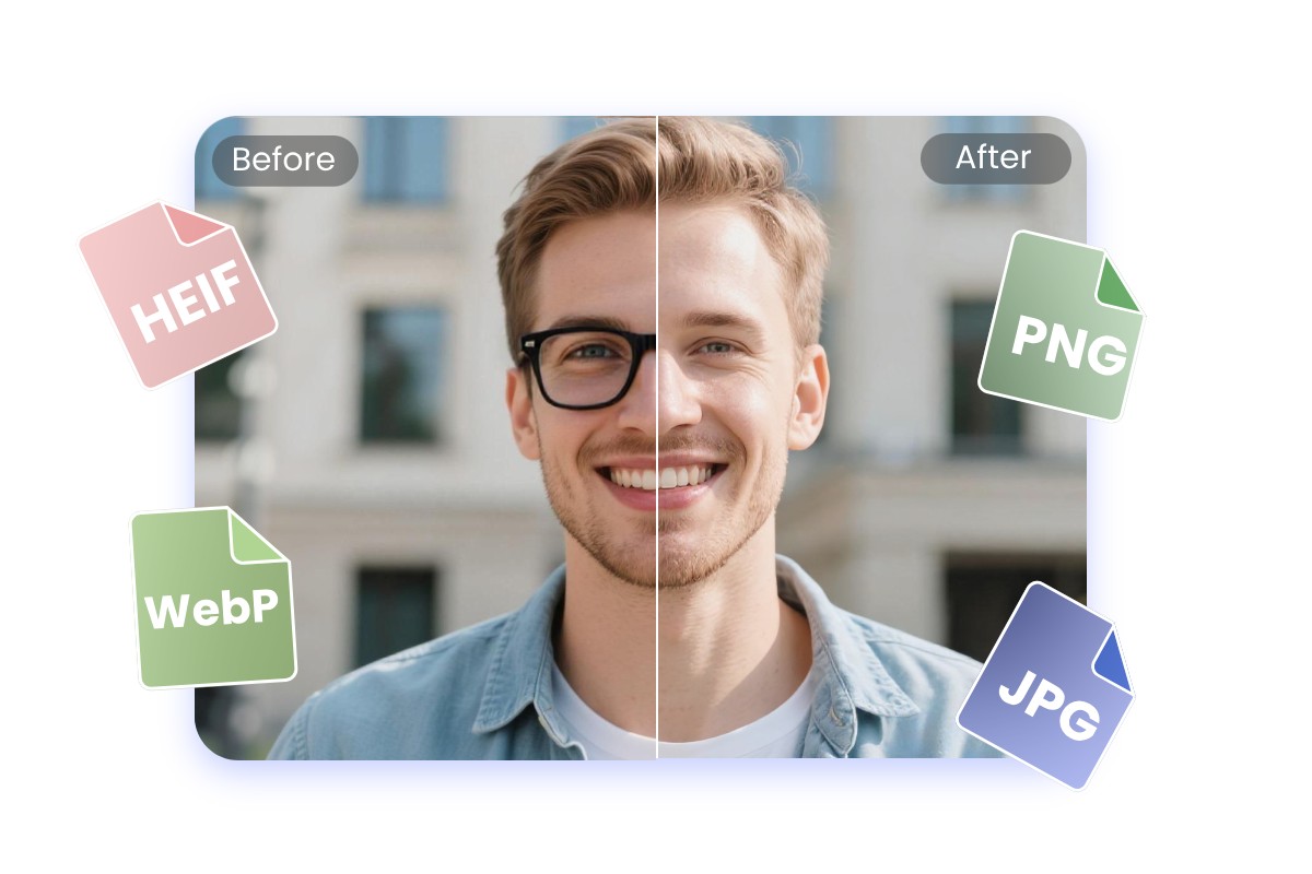 Remove glasses from a photo of a man in various image formats