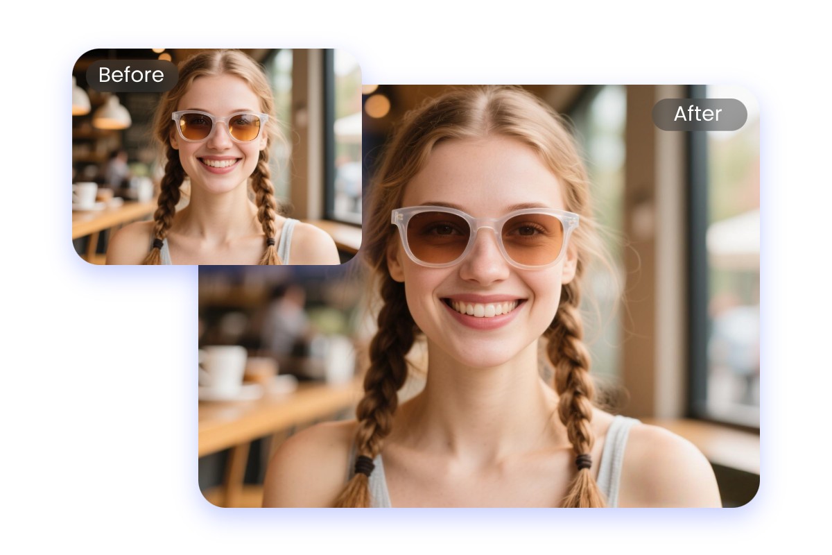 Remove glasses glare from a photo of a girl with sunglasses