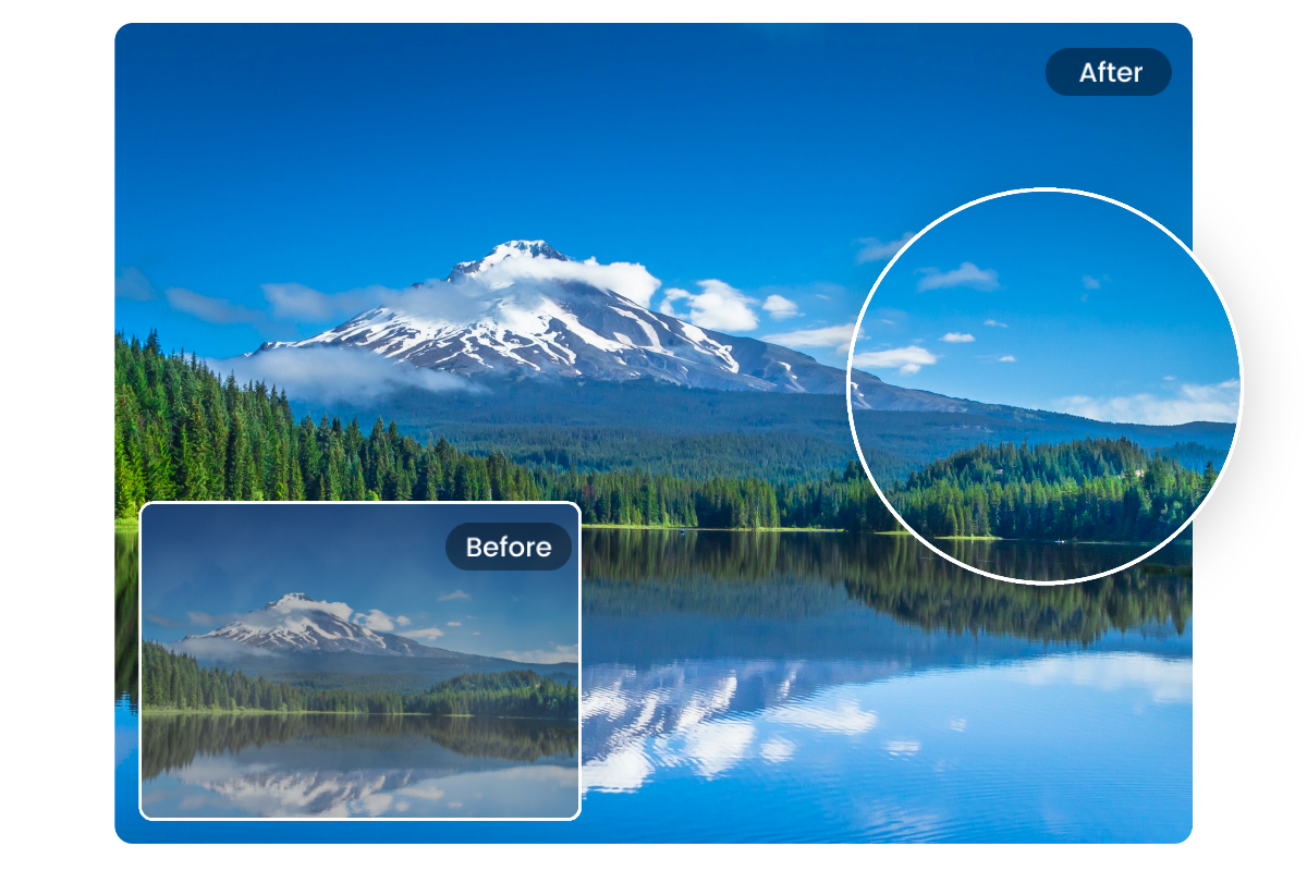 Remove haziness from the mountain and lake photo to correct image color