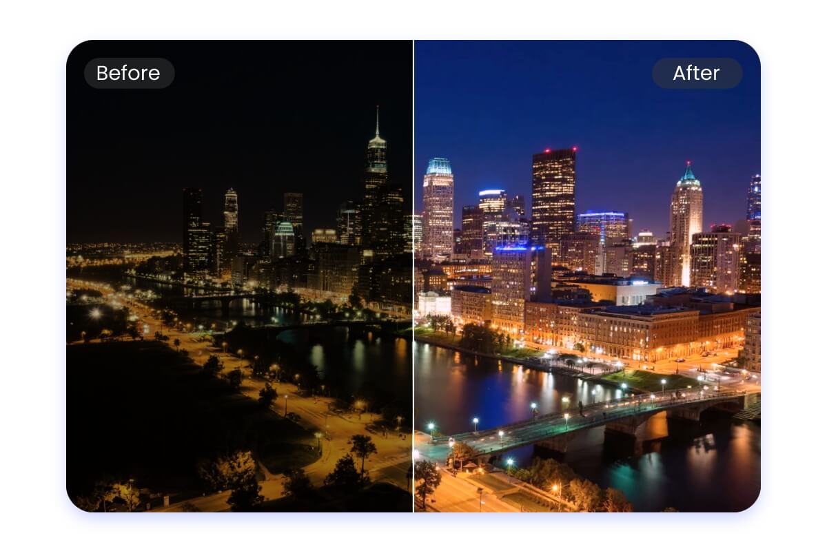 Remove noise enhance brightness and restore clarity in low light cityscape images using Fotor hd photo maker