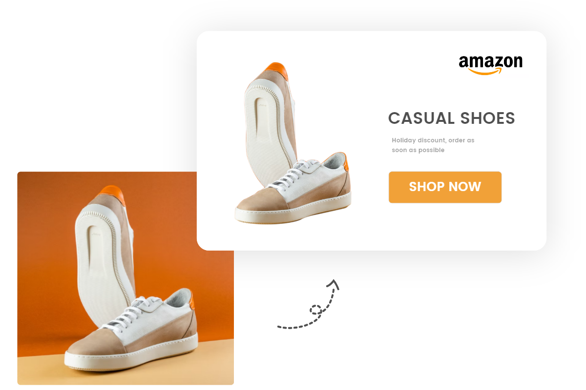 Remove orange shoe product image background for engagement on the amazon system with Fotor cut out image tool for ecommerce