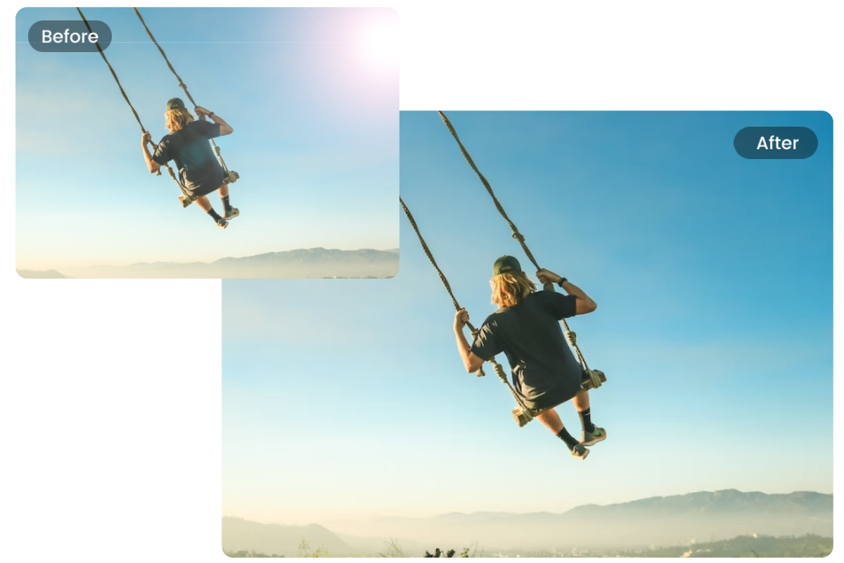 Remove sun glare from male on a swing image