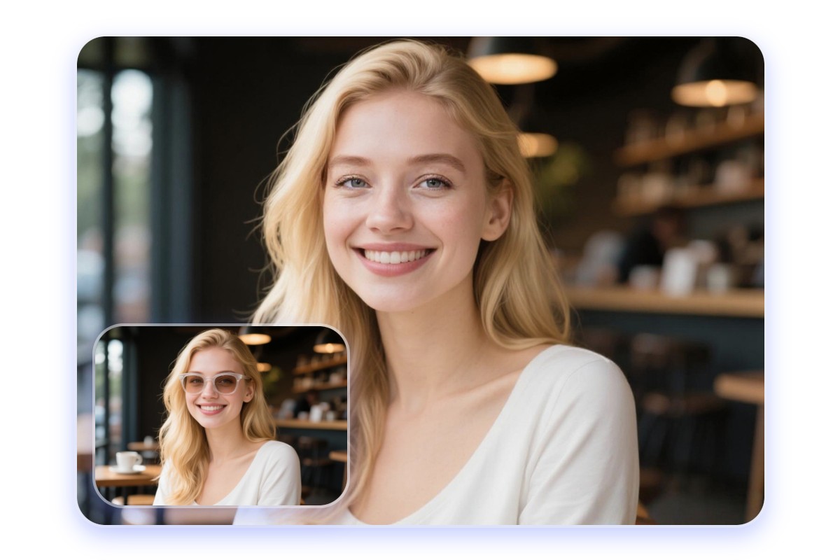 Remove sunglasses from a photo of a blond long hair lady