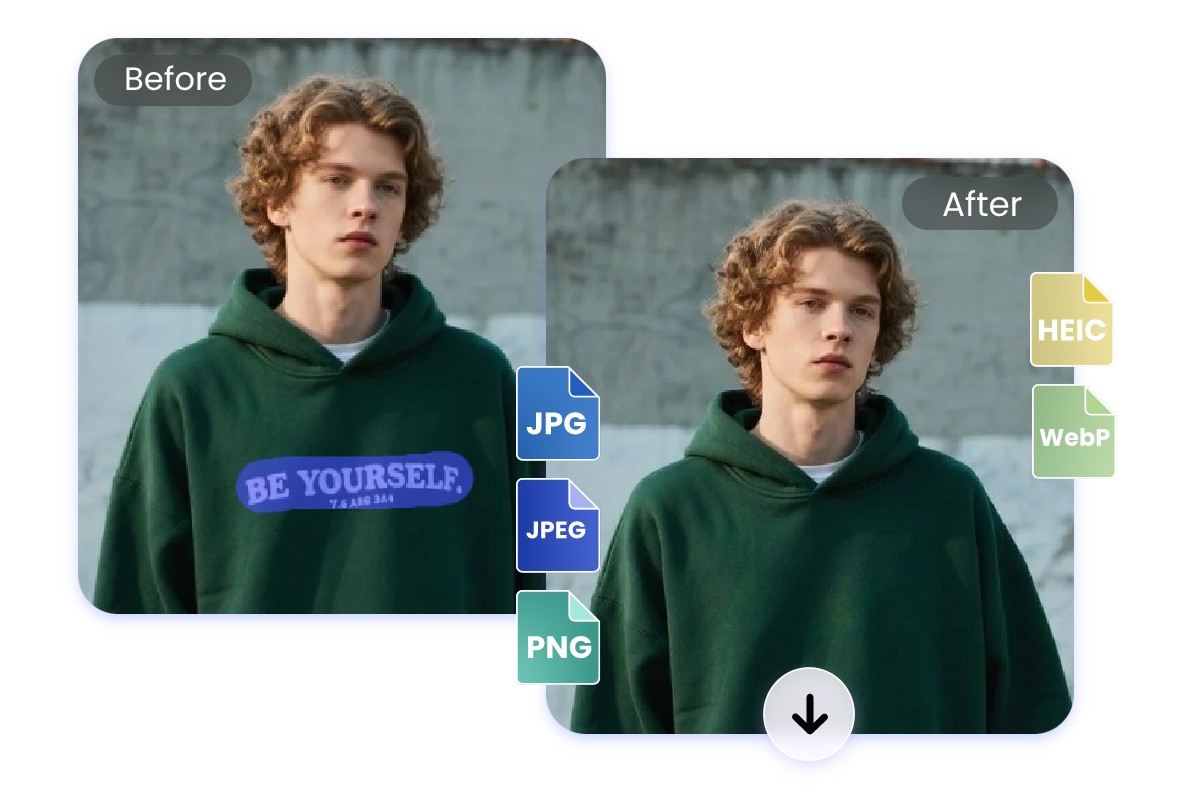 Remove text from JPG, PNG, and WebP formats instantly without losing original image resolution