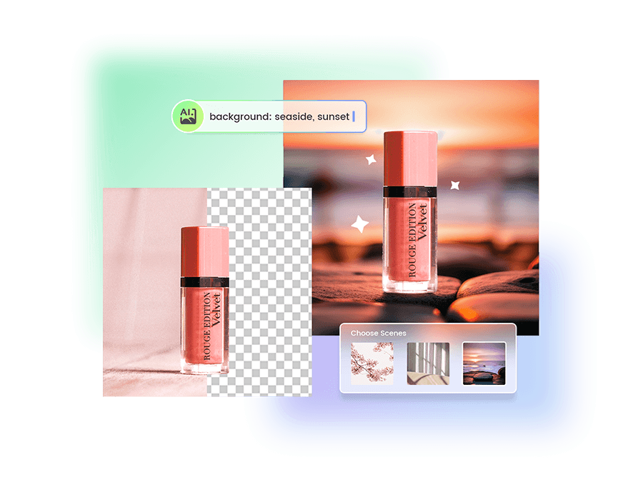 Entfernen Sie den rosafarbenen Hintergrund eines Lippenstiftes und ersetzen Sie ihn durch einen Sonnenuntergang am Meer mit Fotor