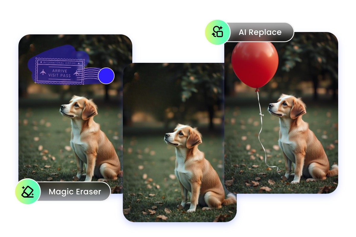 Remove the stamp on a dog picture and replace it with a ballon