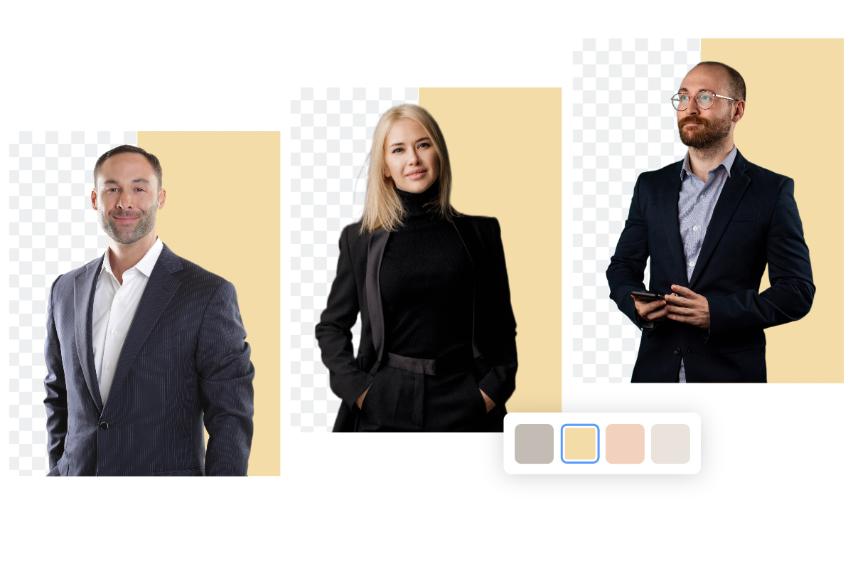 Supprimer les fonds des photos d'identité de trois marques et changer la couleur en jaune par lots avec le suppresseur d'arrière-plan en ligne de Fotor