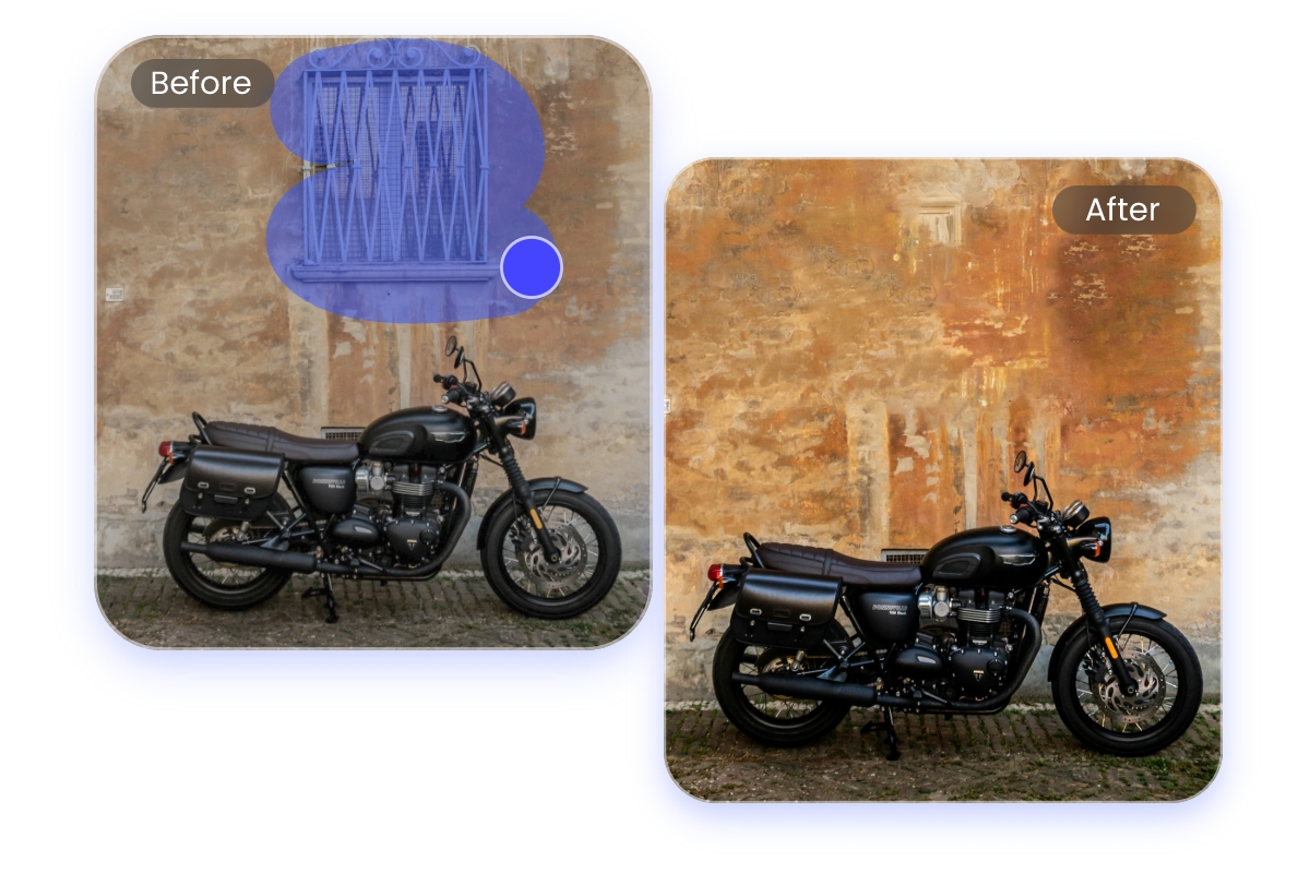 Unerwünschte Objekte wie Flecken, Schimmel und andere Gegenstände von einem Motorradfoto entfernen