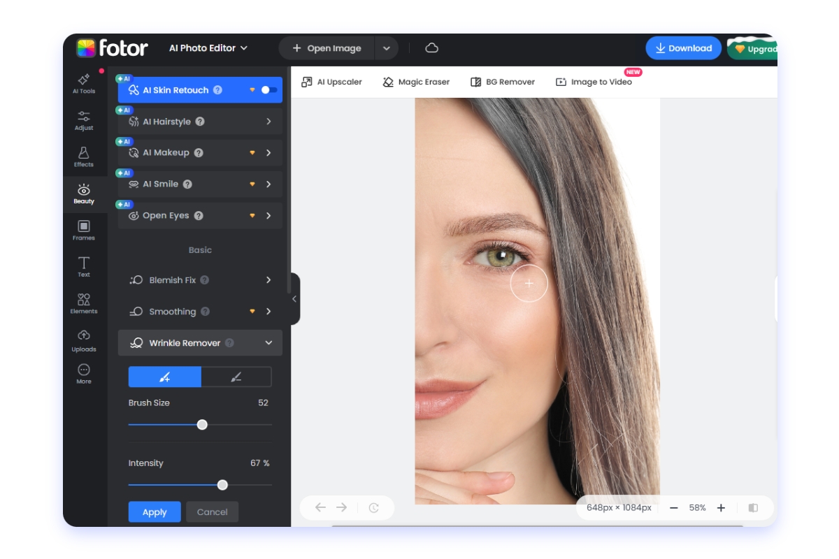 Remove wrinkles from a female photo in fotor tool page