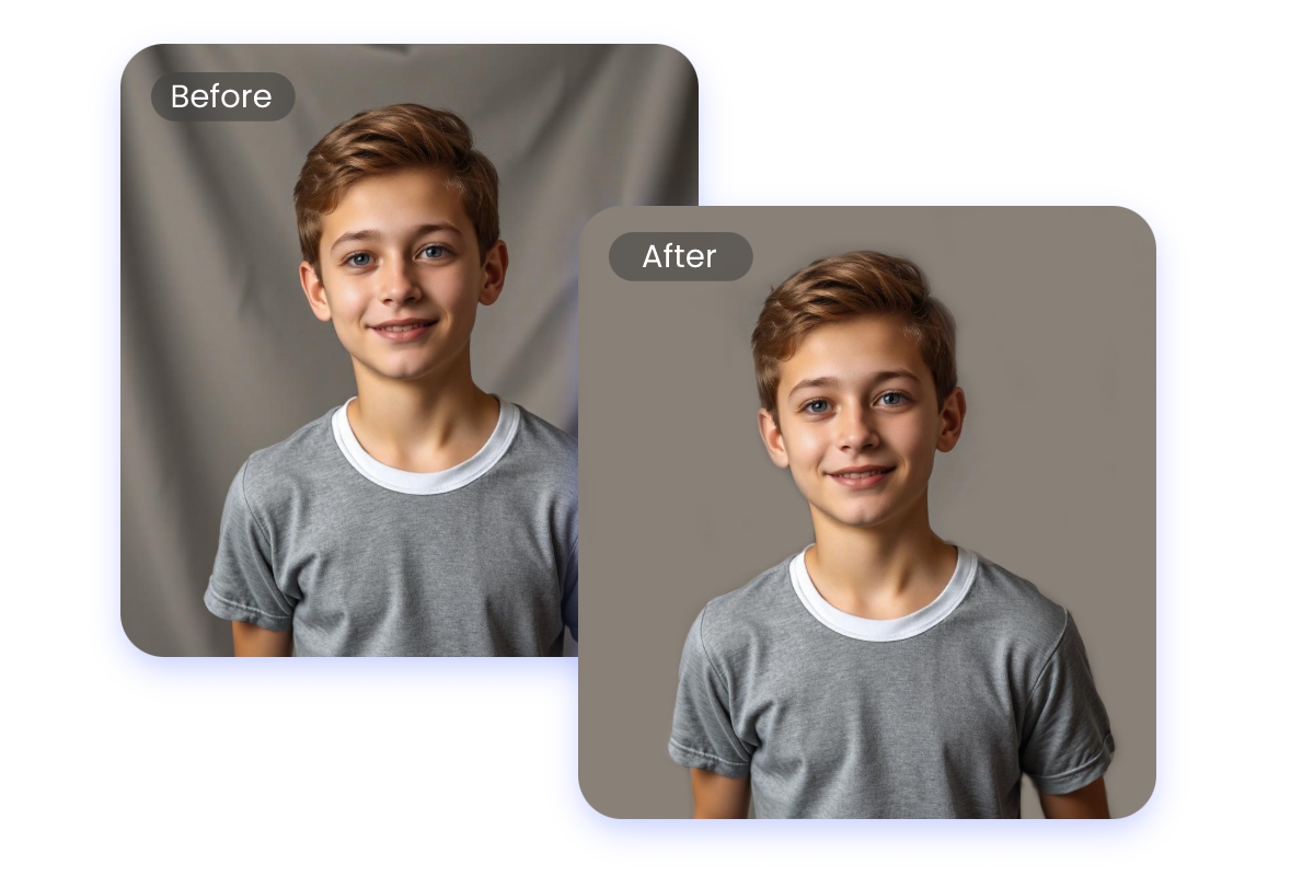 Before and after comparison showing that removing wrinkles from a photo backdrop with a boy