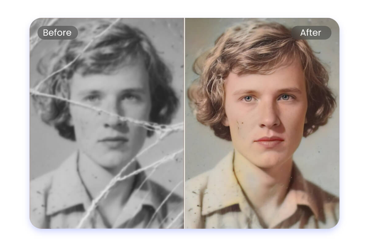 Restore old damaged photos with Fotor photo quality enhancer to improve clarity and add realistic color