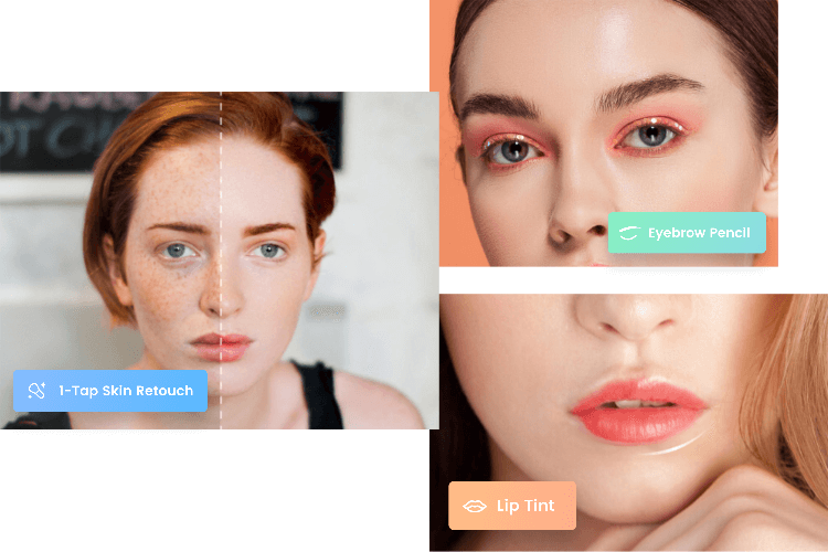 Retocar fotos de retrato de mujeres con la herramienta de retoque de piel de Fotor, retocar cejas con el lápiz de cejas de Fotor, recolorear los labios con la herramienta de tinte de labios de Fotor