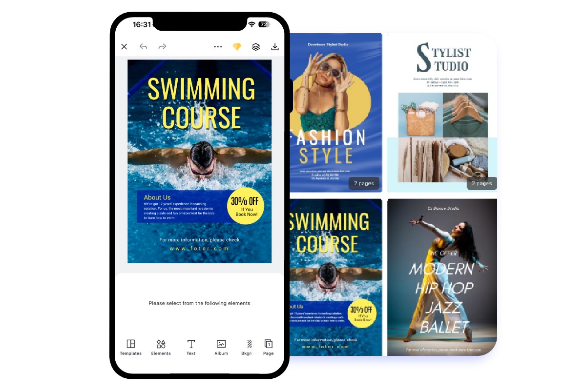 Select templates and make flyer on mobile app of Fotor