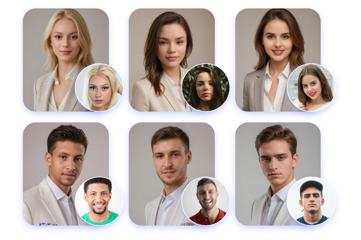 Six AI-generated professional photos for male and female team members wearing suits