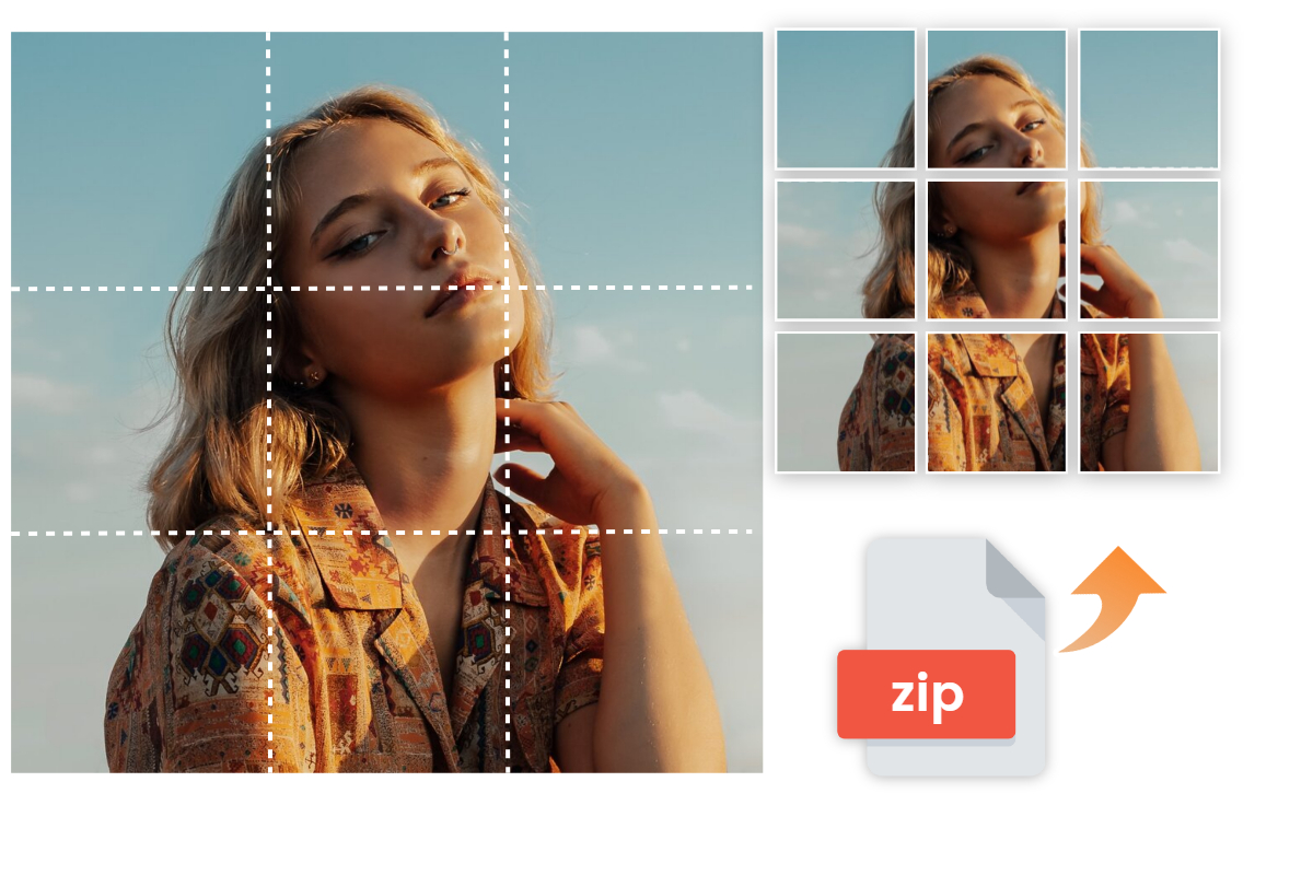Split female image into nine equal suqares in the zip file in fotor