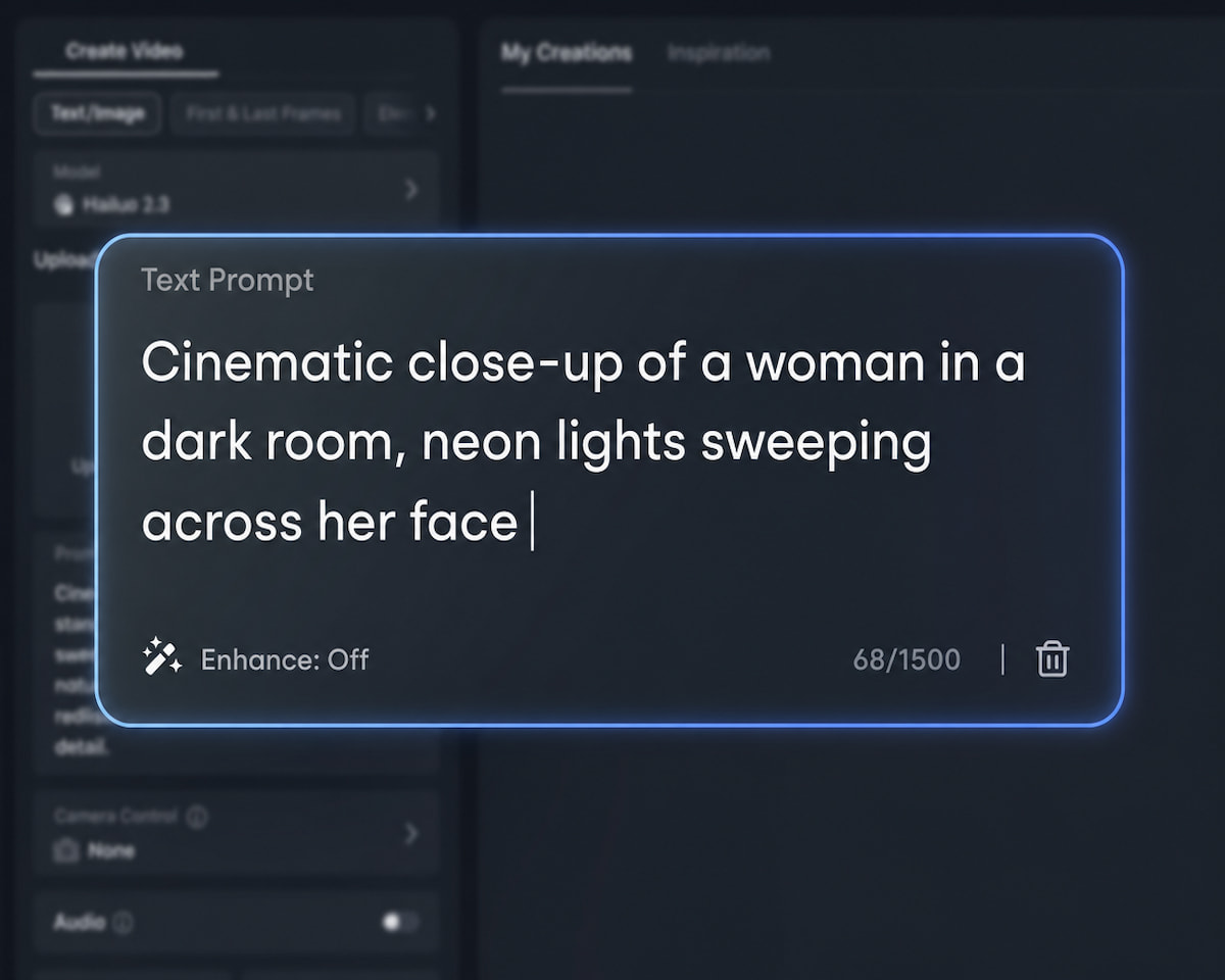 Step 1 enter a prompt description for a dynamic portrait video of a woman in fotor hailuo ai video generator