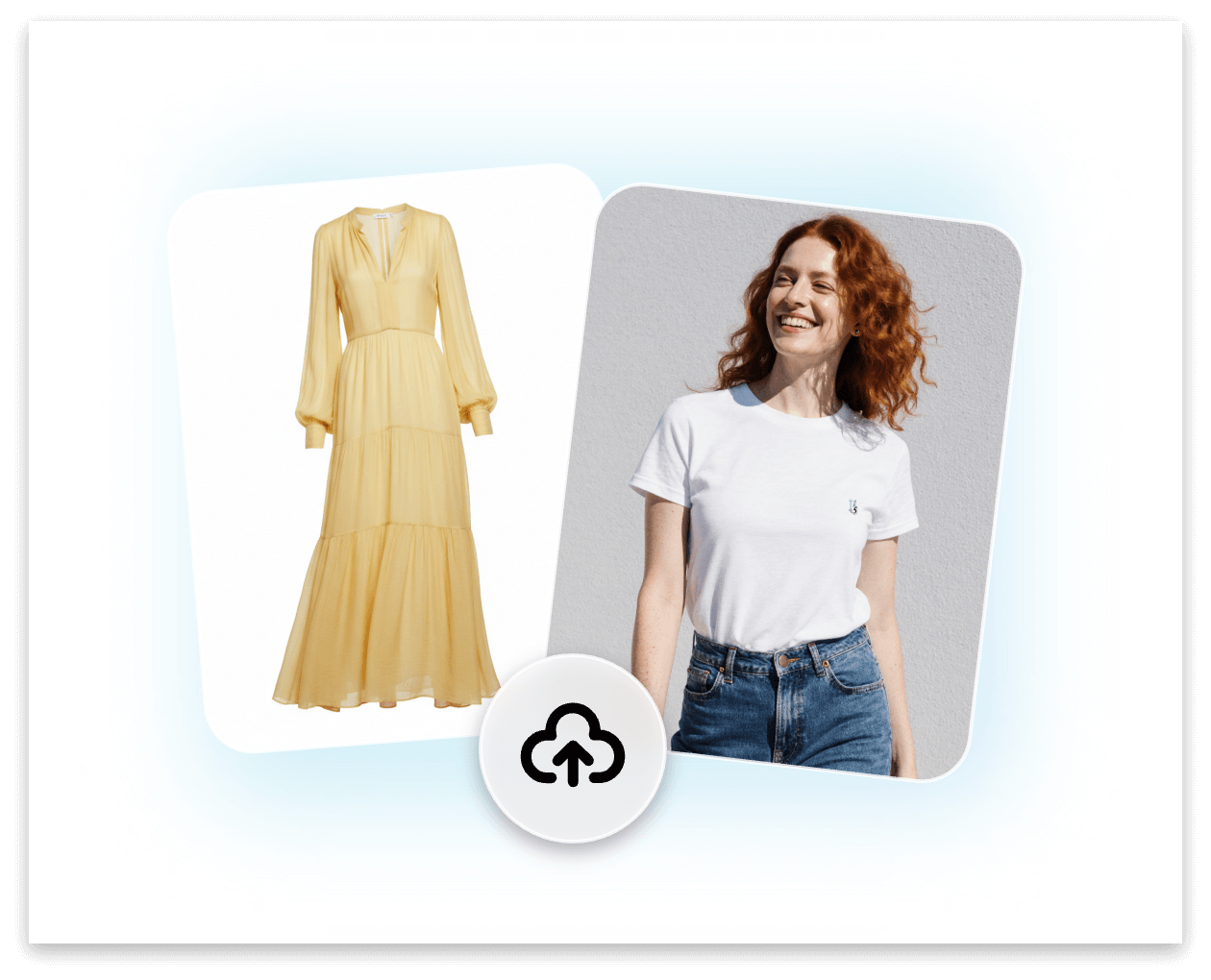 Step one upload a photo of a woman and a picture of a yellow dress to fotor virtual clothes try on tool