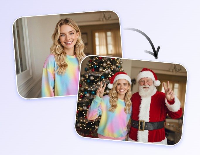 Utilisez Fotor pour ajouter le Père Noël à la photo de cette femme avec l'IA