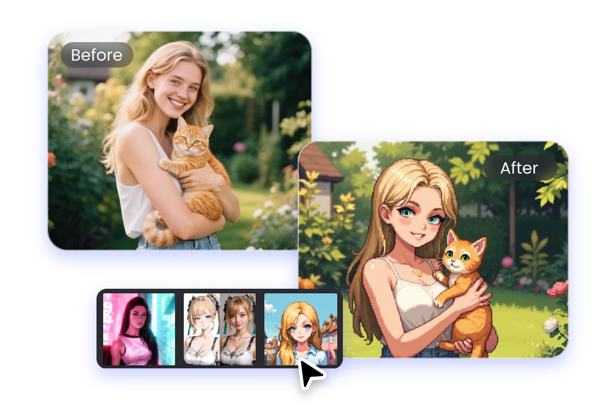Steps to convert photo to anime style featuring converting a woman holding a cat to pixel art
