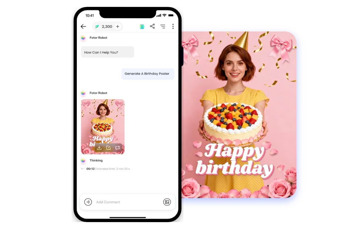 Bicara dengan AI untuk membuat poster ulang tahun di aplikasi Fotor AI poster gratis
