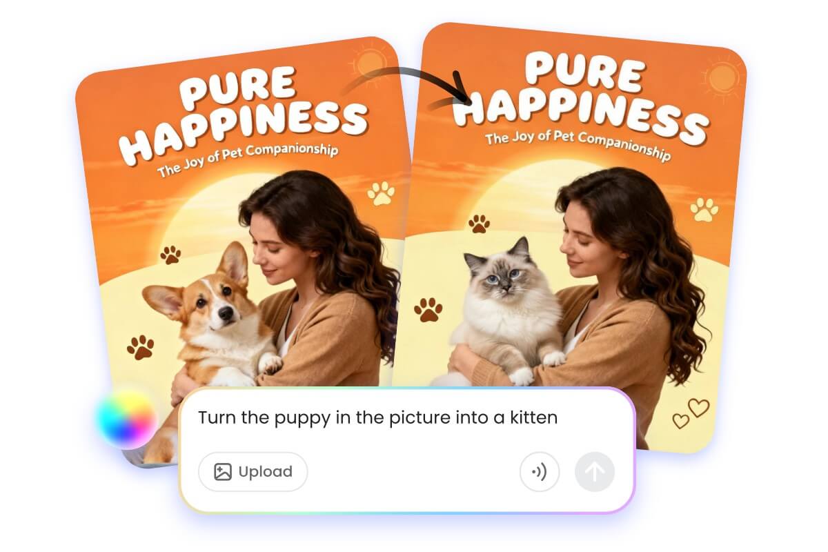 Bicara dengan agen AI Fotor untuk mengganti anak anjing di poster menjadi anak kucing