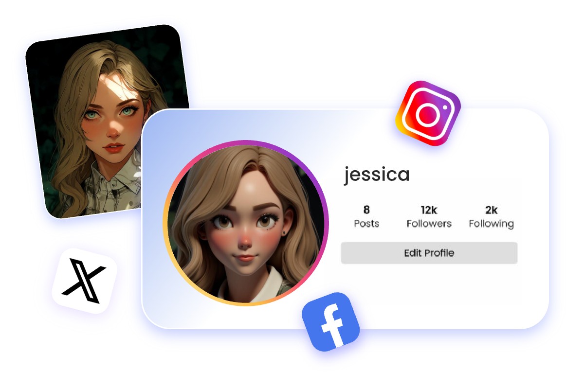 The before and after effect reveal of turning an illustration into 3 D style for instagram pfp