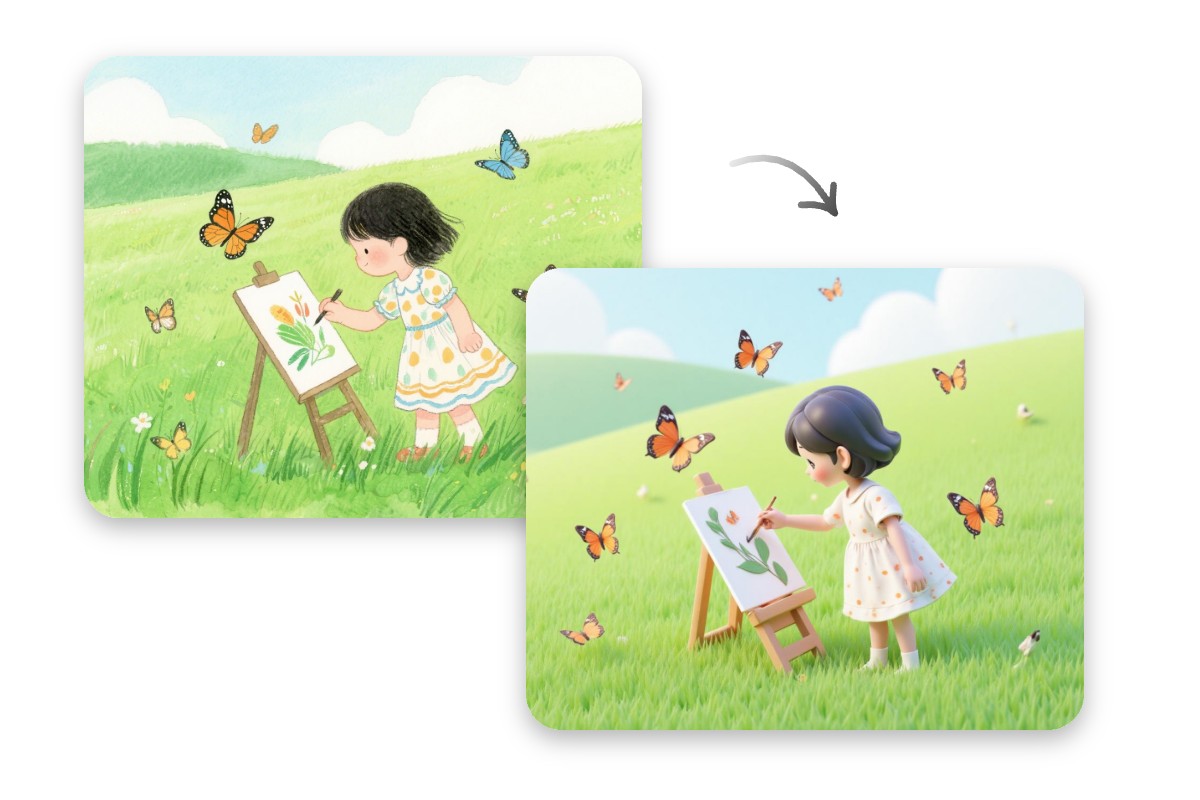 The before and after effect reveal of turning childrens drawing into 3 D style