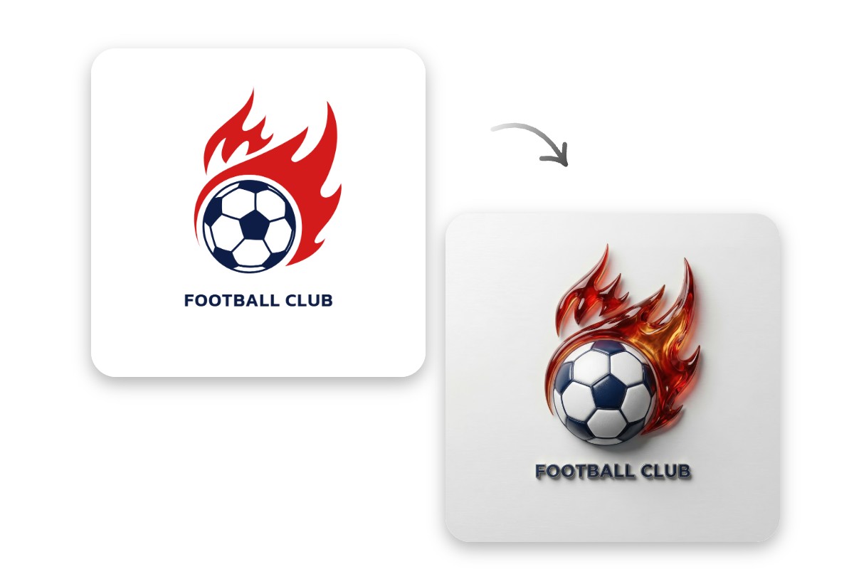 The before and after effect revel of turning a logo image into 3 D style