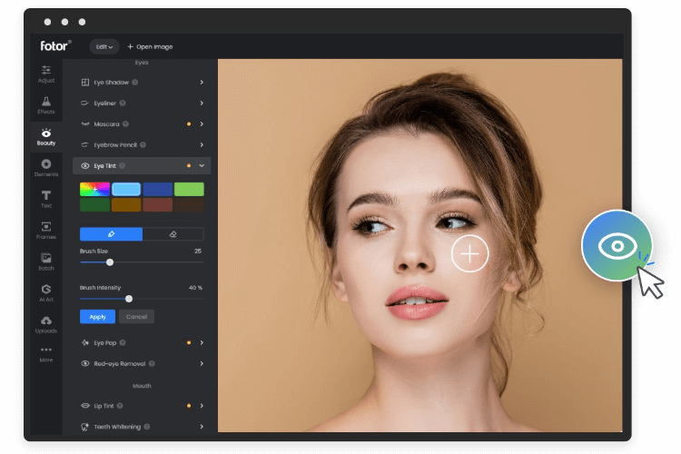 La herramienta de cambio de color de ojos en el editor de Fotor