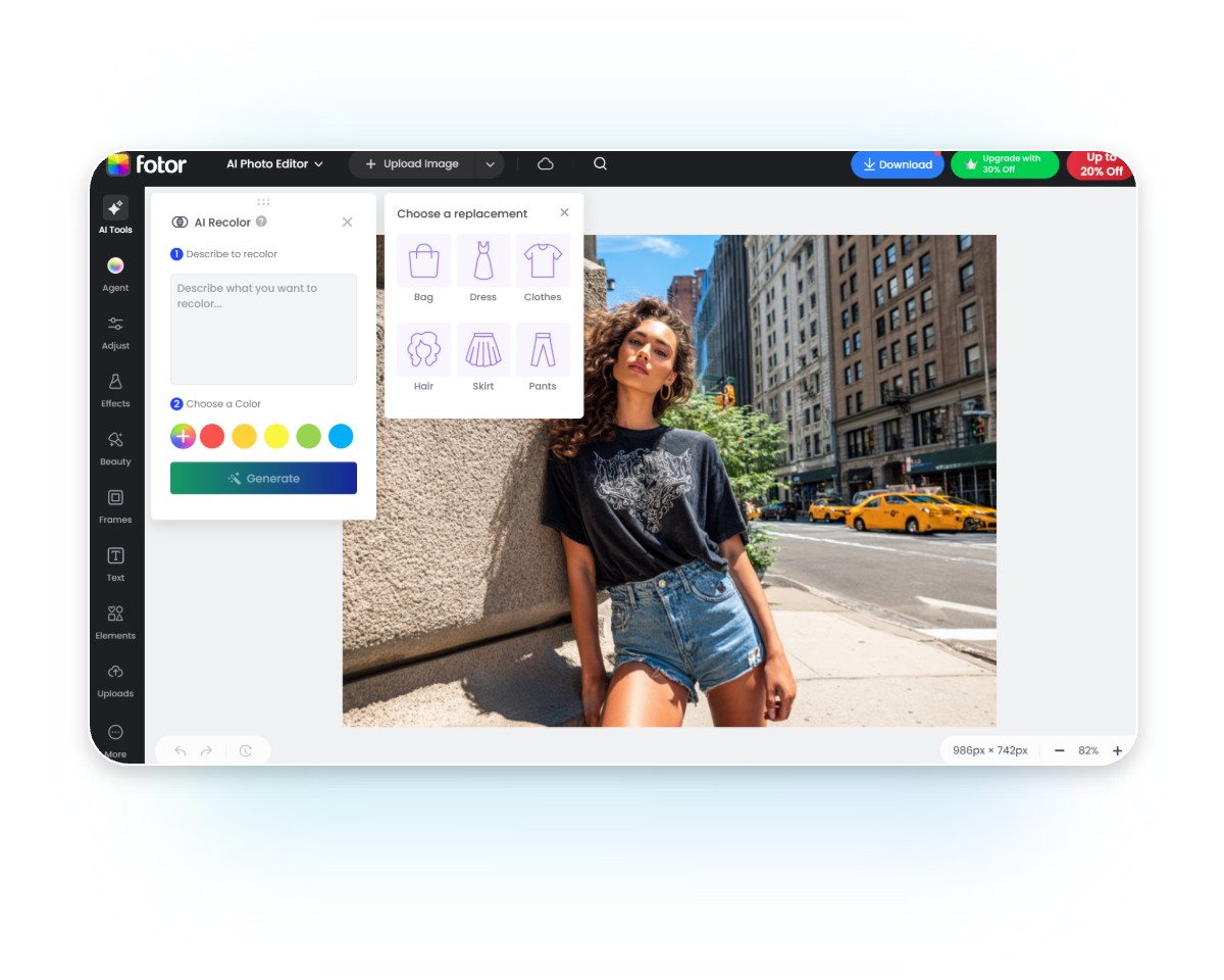 The user interface of Fotors AI clothes color changer