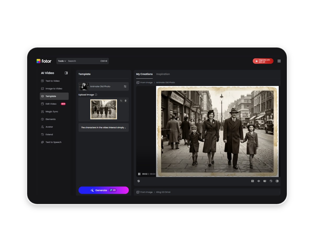 The user interface of fotors tool od animating old photos