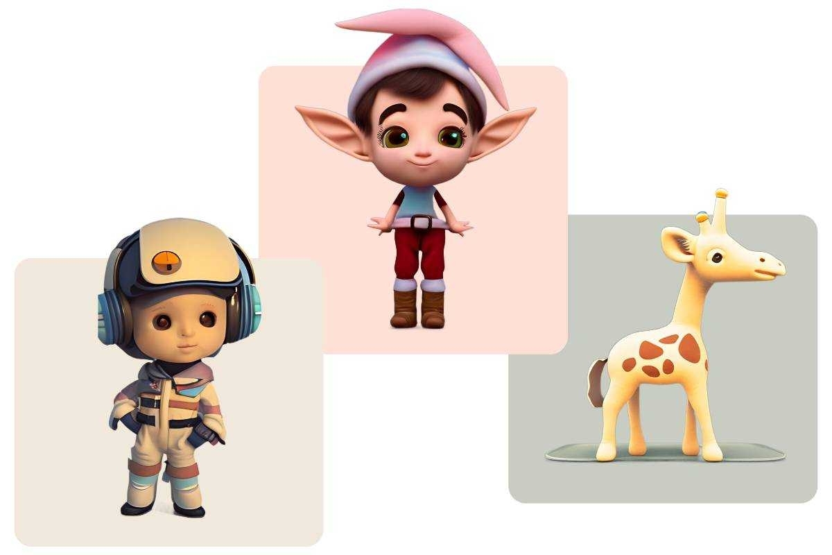 Three 3D character game assets including a robot sprite and deer made by ai 3D generator