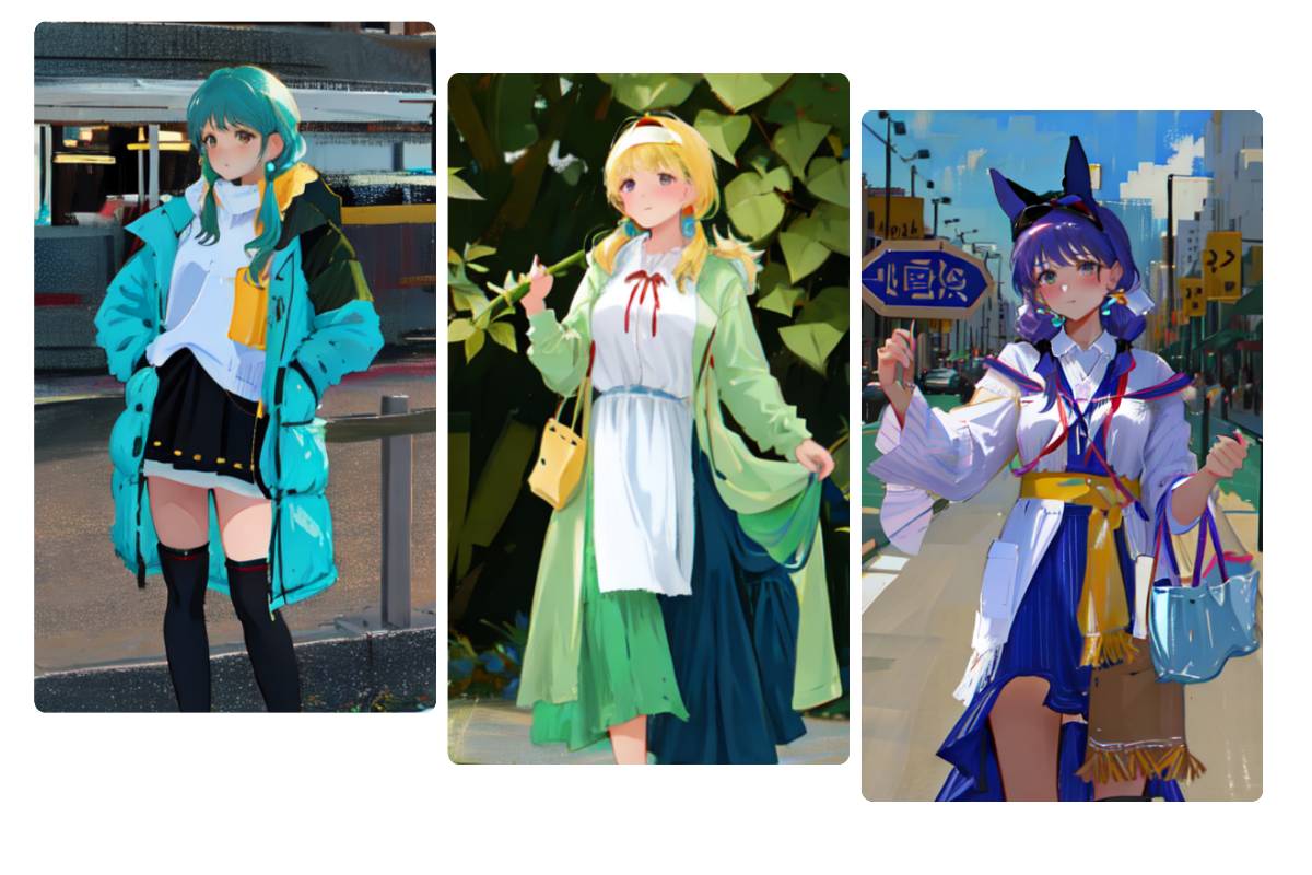 Tres personajes femeninos de anime generados al azar online en el generador de personajes de anime aleatorios de Fotor