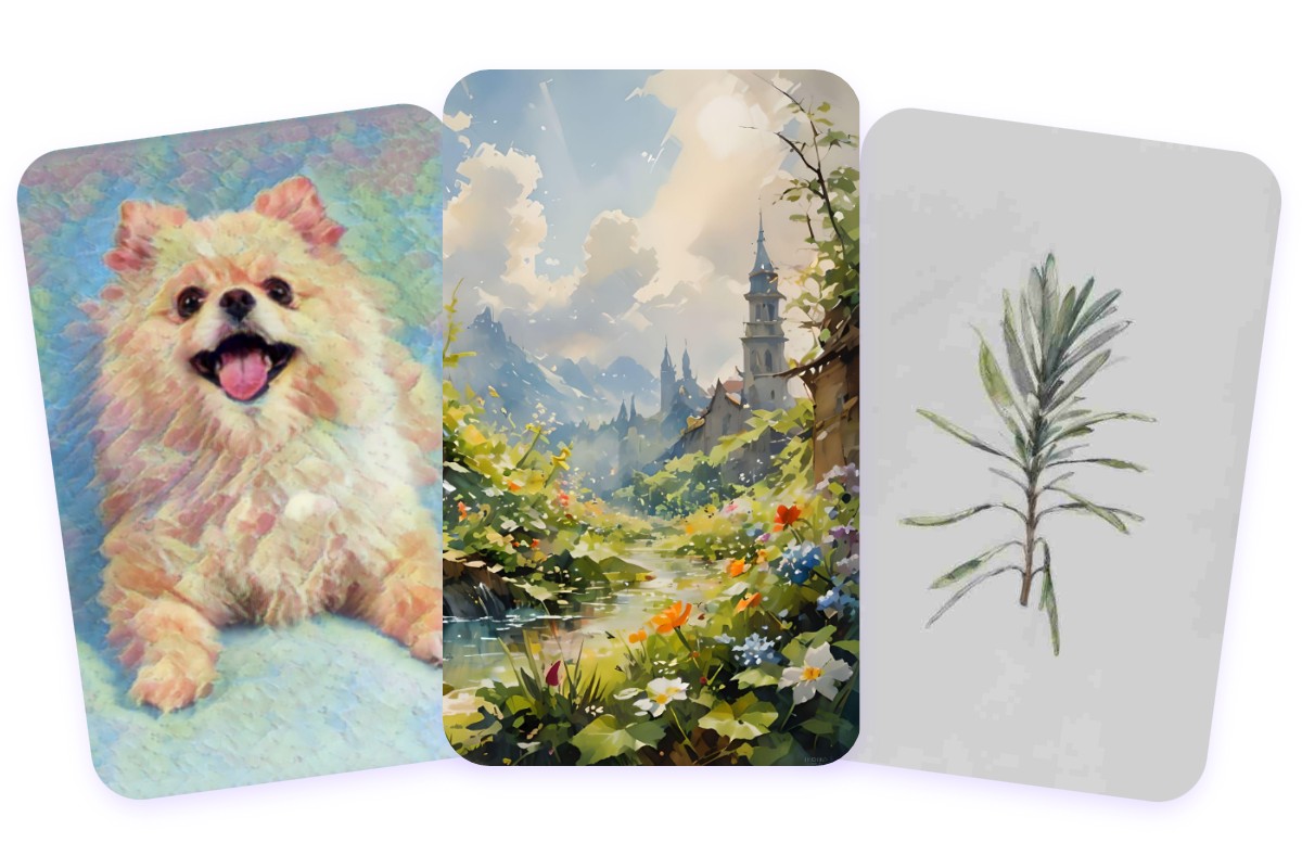 Trois effets aquarelle différents sur des photos d’animaux, de paysages et de natures mortes